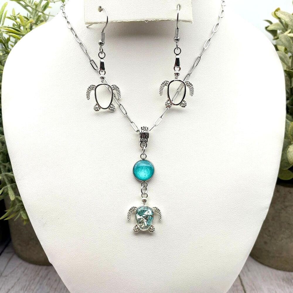 Silver Sea Turtle Jewelry Set  Teal Resin Pendant Coastal Jewelry - Handmade